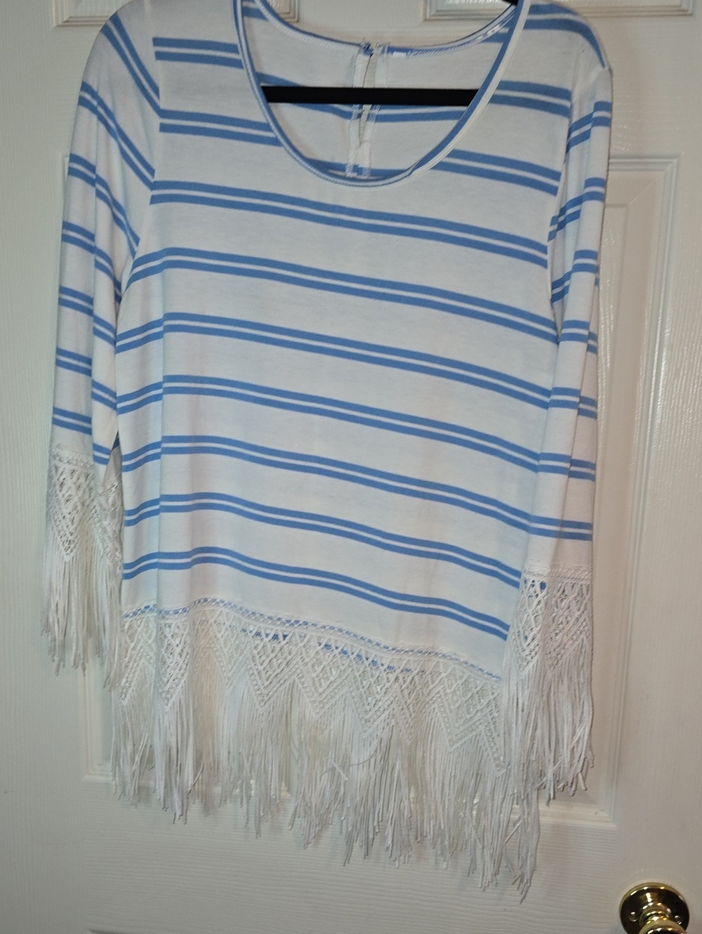 Blue and White Striped Women's Top‎ with Fringe Detail